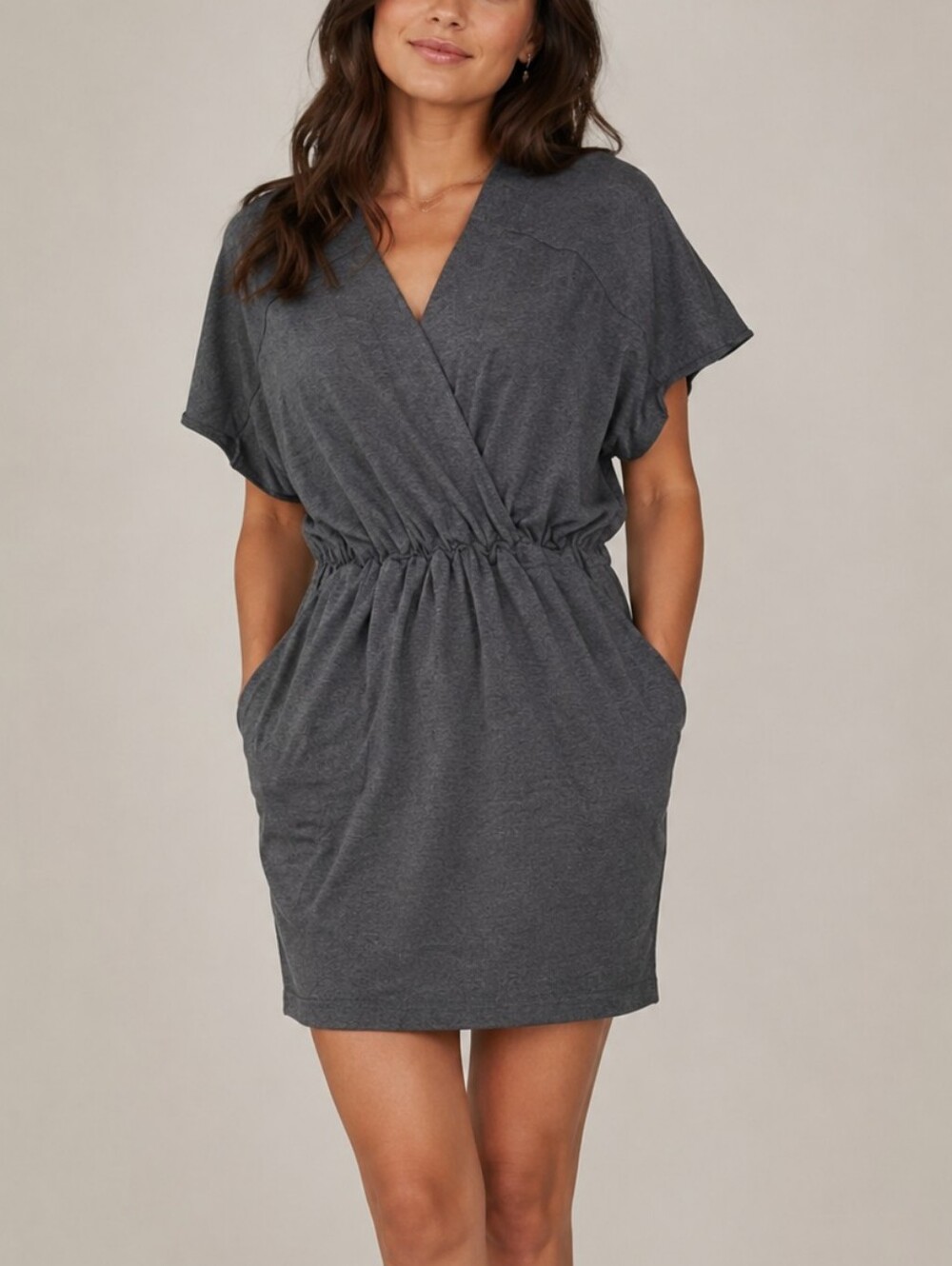 RACHEL Rachel Roy Gray Faux Wrap V Neck Cinched Waist Dress
